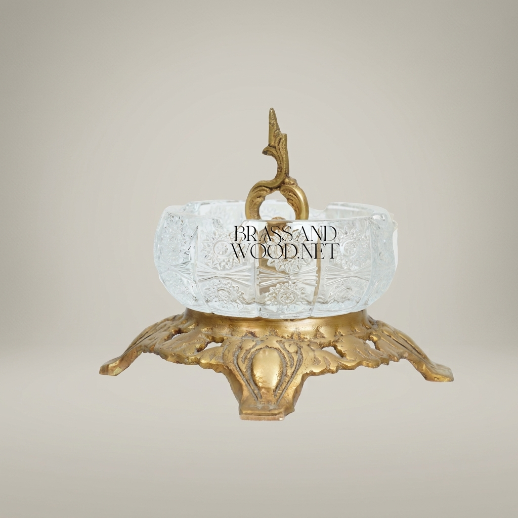 Baroque Crystal Ashtray with Ornate Brass Filigree Base & Scroll Finial — Antique Gold