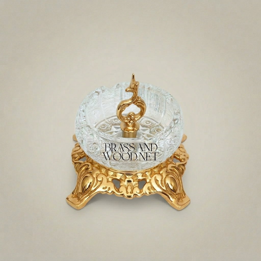 Baroque Crystal Ashtray with Ornate Brass Filigree Base & Scroll Finial