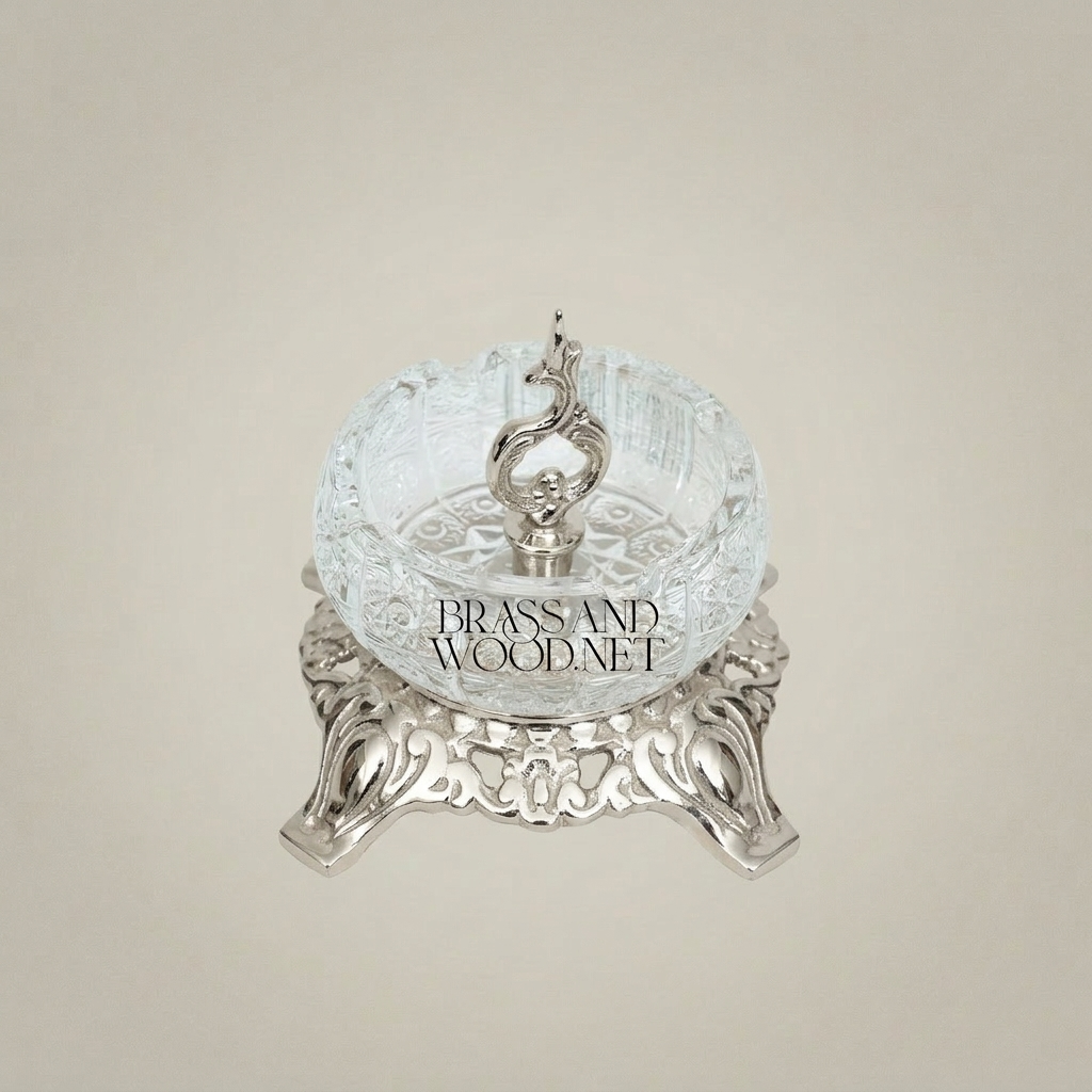 Baroque Crystal Ashtray with Ornate Brass Filigree Base & Scroll Finial — Silver