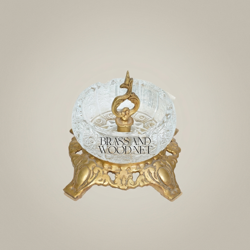 Baroque Crystal Ashtray with Ornate Brass Filigree Base & Scroll Finial — Antique Gold