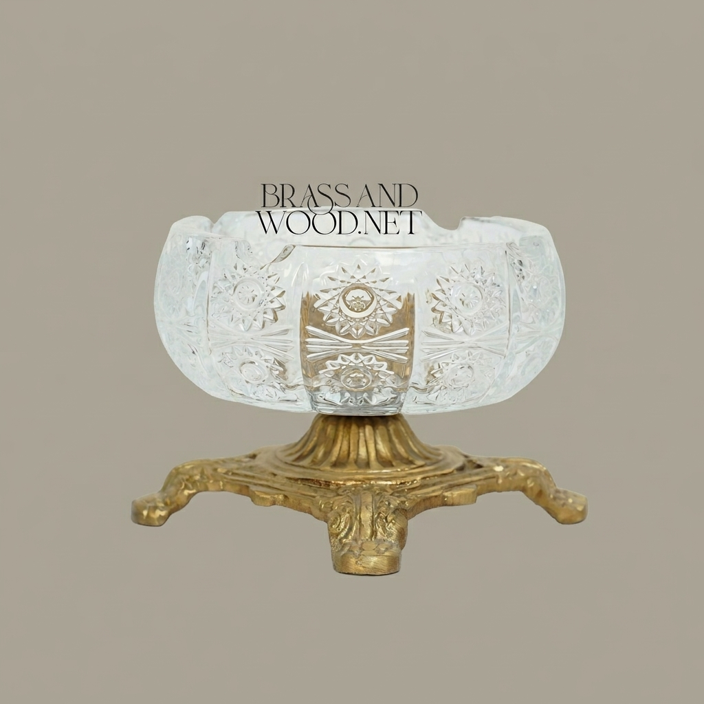 Baroque Crystal Ashtray with Ornate Brass Footed Stand — Antique Gold
