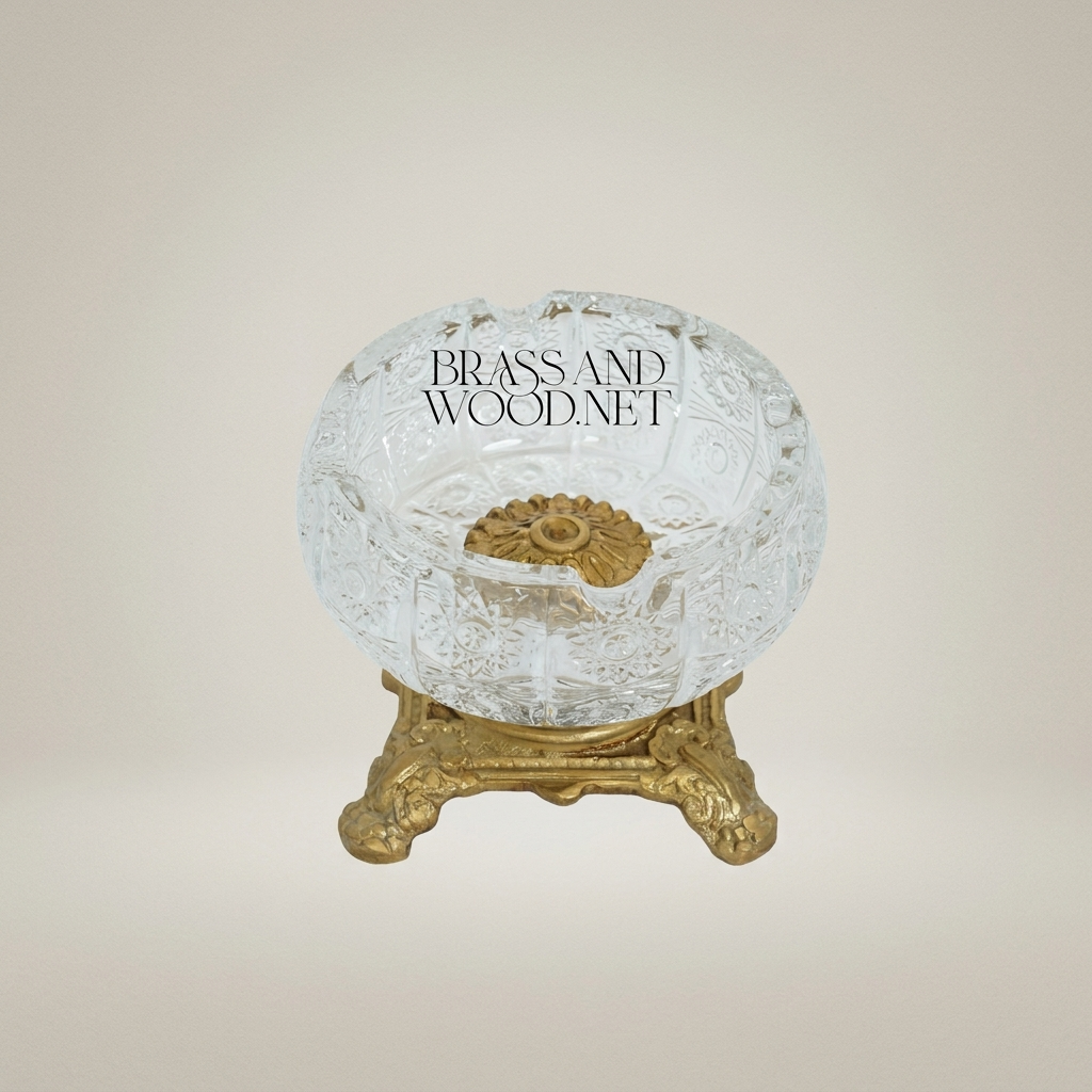 Baroque Crystal Ashtray with Ornate Brass Footed Stand — Antique Gold