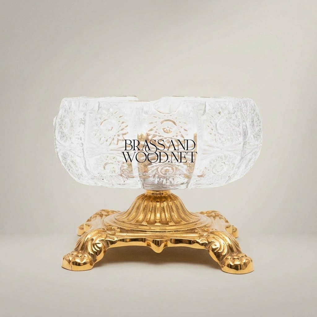 Baroque Crystal Ashtray with Ornate Brass Footed Stand — Gold