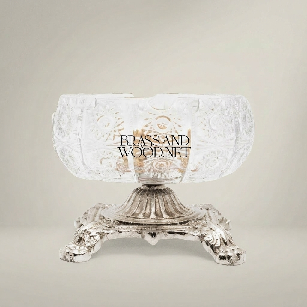 Baroque Crystal Ashtray with Ornate Brass Footed Stand — Silver