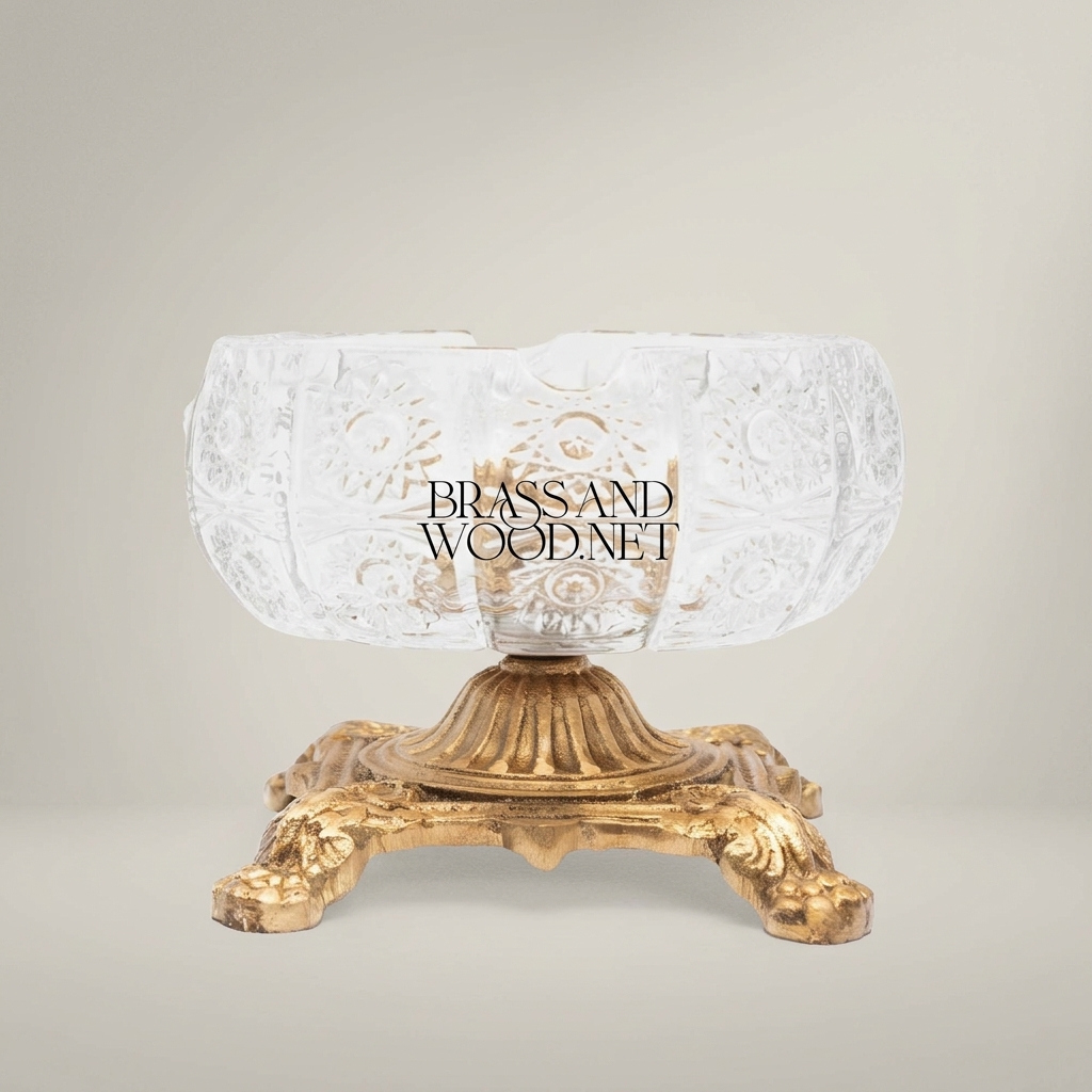 Baroque Crystal Ashtray with Ornate Brass Footed Stand — Antique Gold