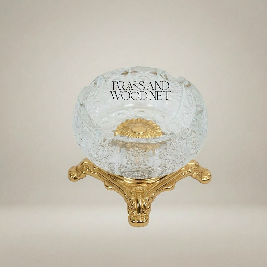 Baroque Crystal Ashtray with Ornate Brass Footed Stand — Gold