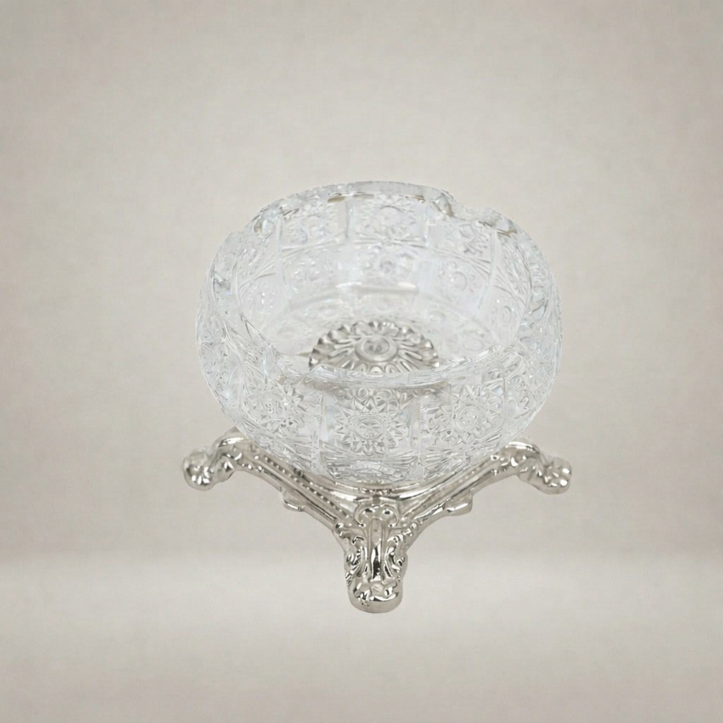 Baroque Crystal Ashtray with Ornate Brass Footed Stand — Silver