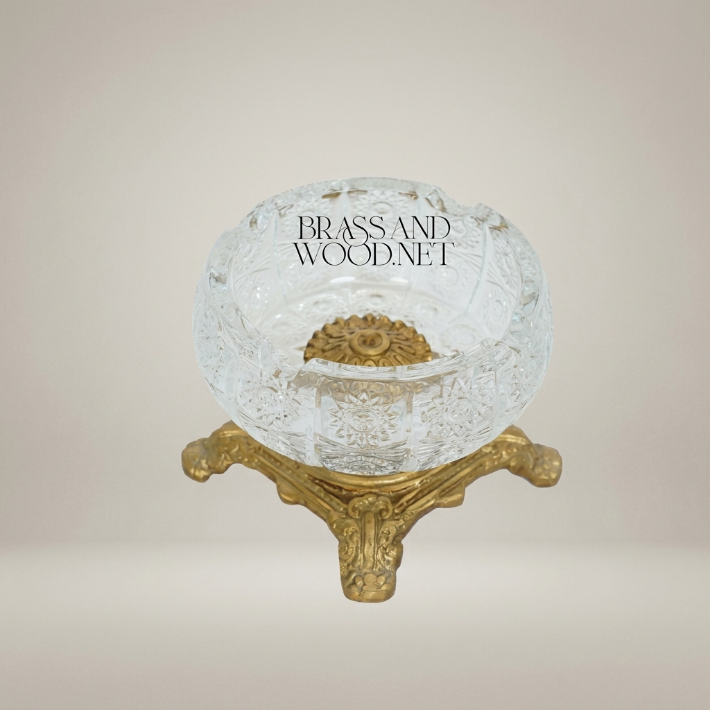 Baroque Crystal Ashtray with Ornate Brass Footed Stand — Antique Gold