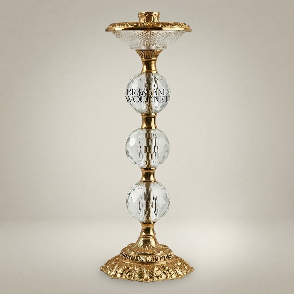 Baroque Crystal Ball Brass Candlestick Set of 3 - Graduated Heights with Acanthus Base