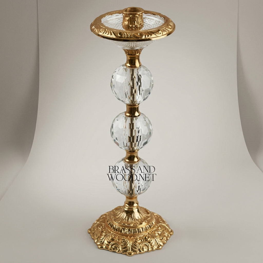 Baroque Crystal Ball Brass Candlestick Set of 3 - Graduated Heights with Acanthus Base