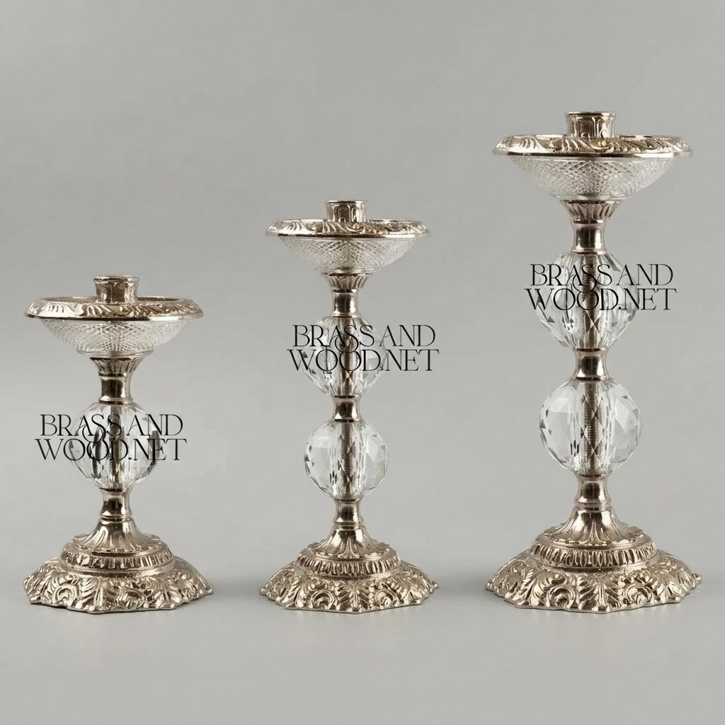 Baroque Crystal Ball Brass Candlestick Set of 3 - Graduated Heights with Acanthus Base — Silver