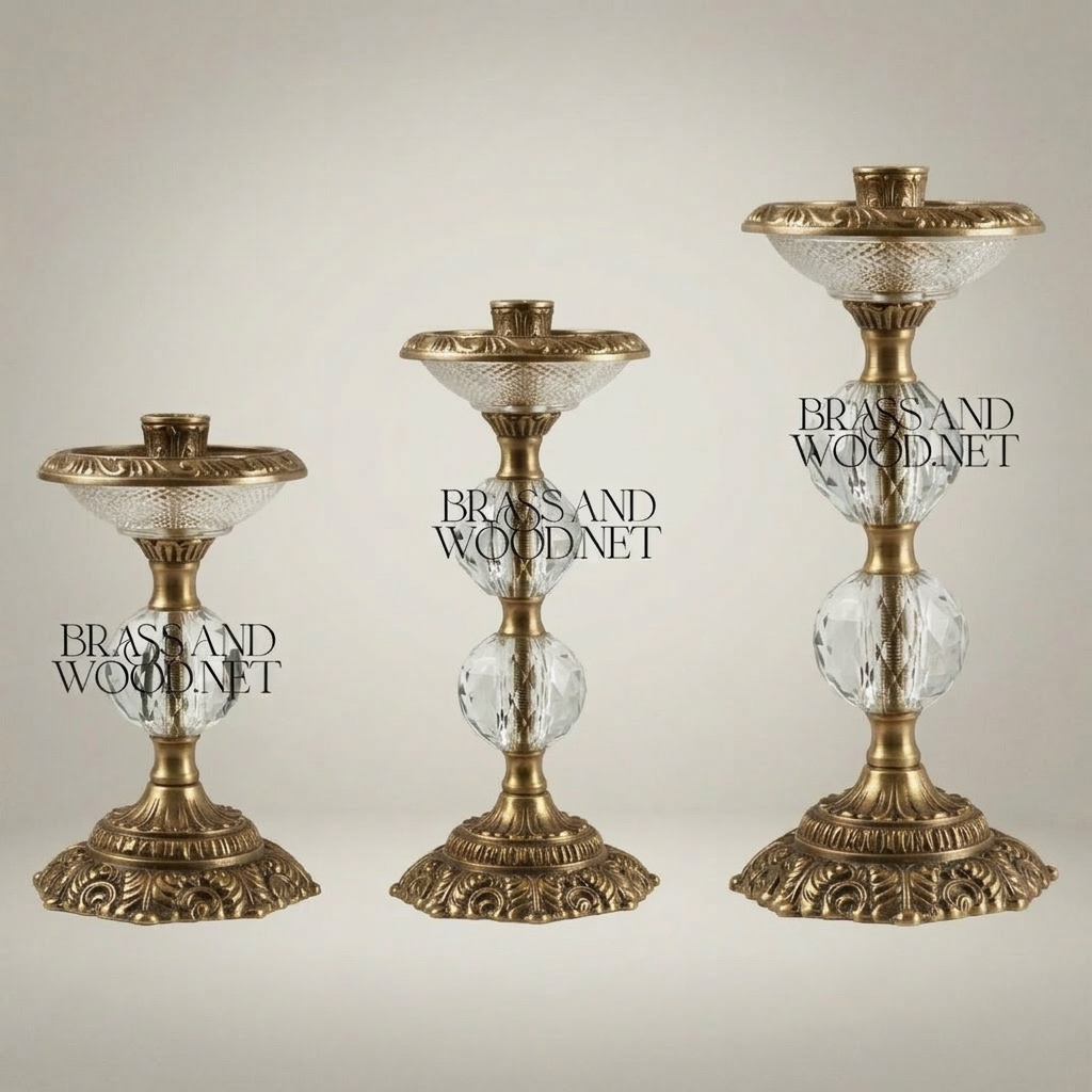 Baroque Crystal Ball Brass Candlestick Set of 3 - Graduated Heights with Acanthus Base — Antique Gold
