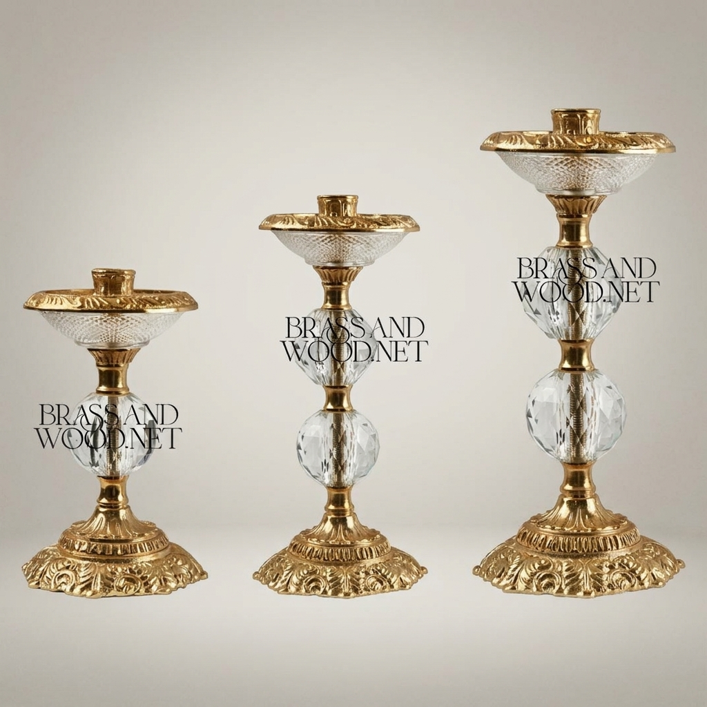 Baroque Crystal Ball Brass Candlestick Set of 3 - Graduated Heights with Acanthus Base