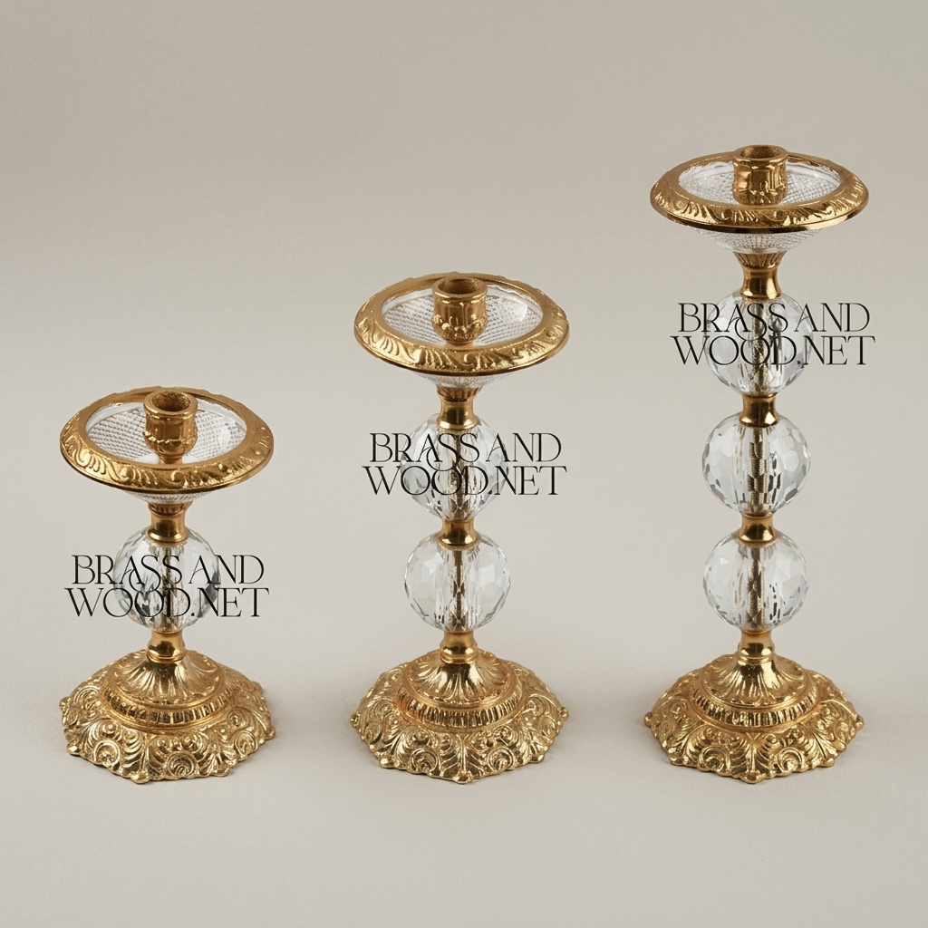 Baroque Crystal Ball Brass Candlestick Set of 3 - Graduated Heights with Acanthus Base — Gold