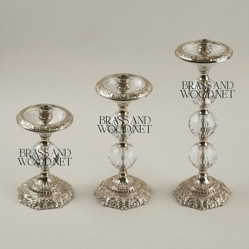 Baroque Crystal Ball Brass Candlestick Set of 3 - Graduated Heights with Acanthus Base — Silver