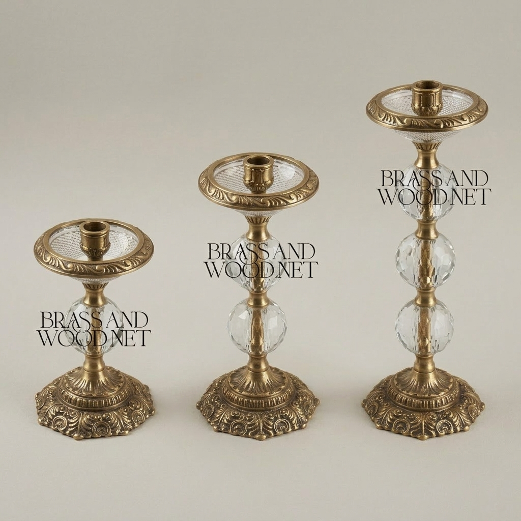 Baroque Crystal Ball Brass Candlestick Set of 3 - Graduated Heights with Acanthus Base — Antique Gold