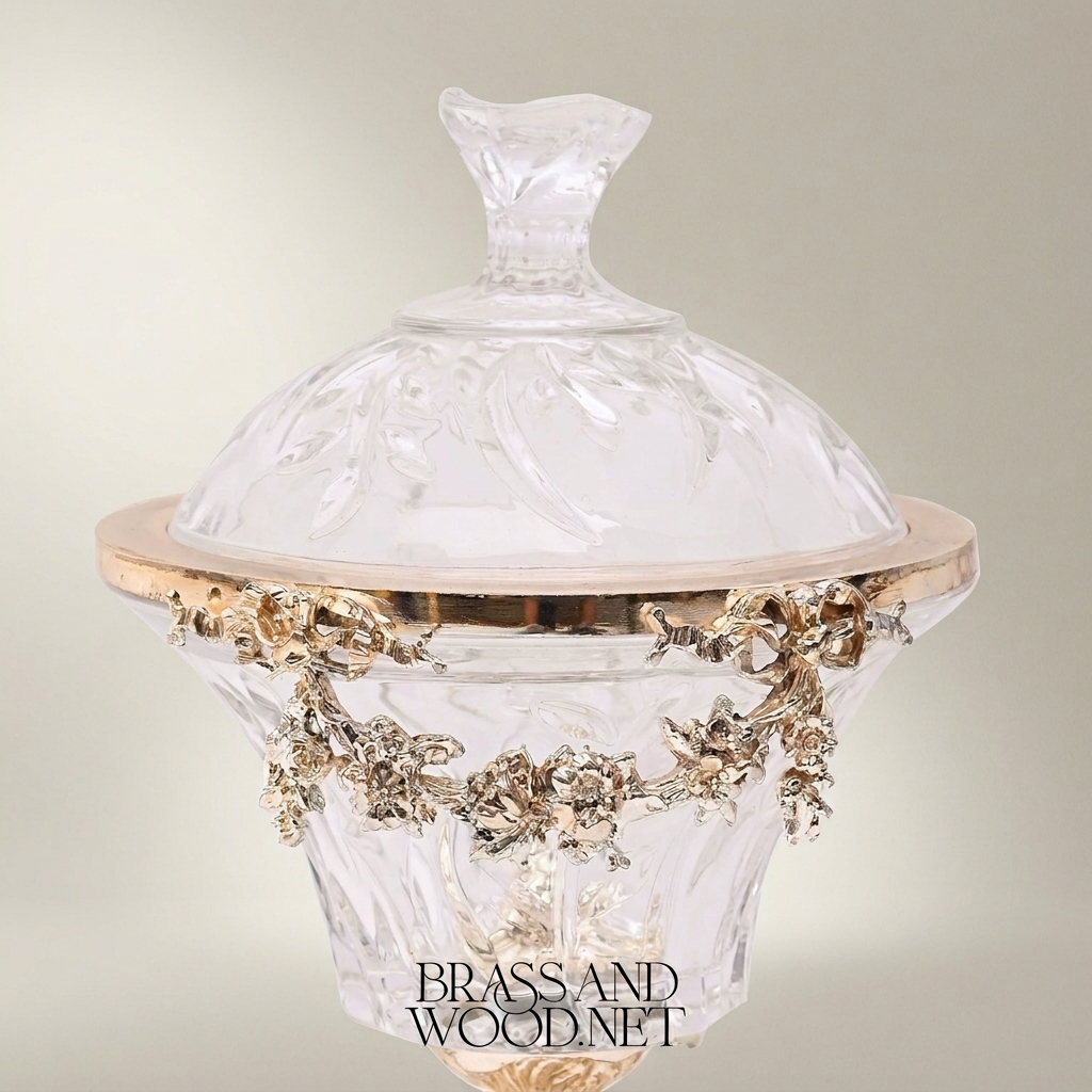 Baroque Crystal Bonbonniere with Floral Brass Garland & Ornate Pedestal Base — Gold