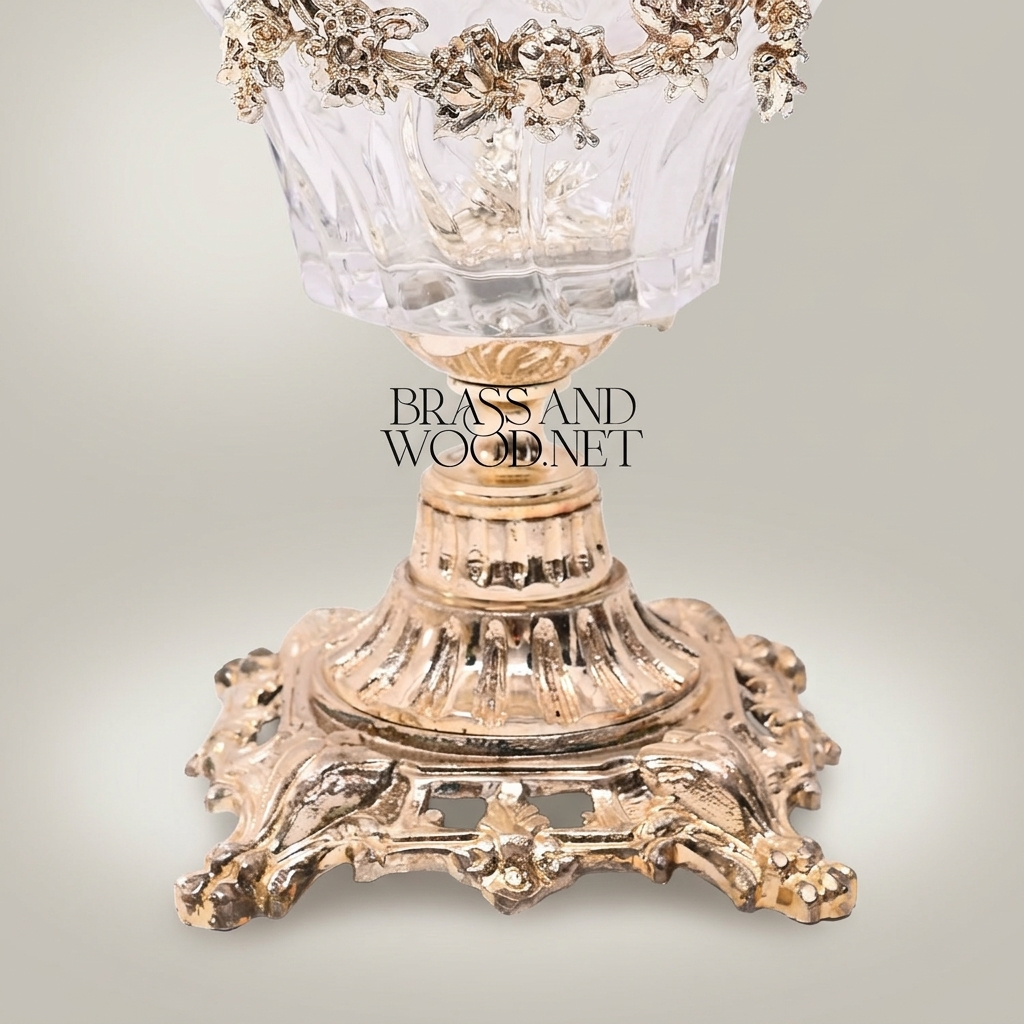 Baroque Crystal Bonbonniere with Floral Brass Garland & Ornate Pedestal Base — Gold