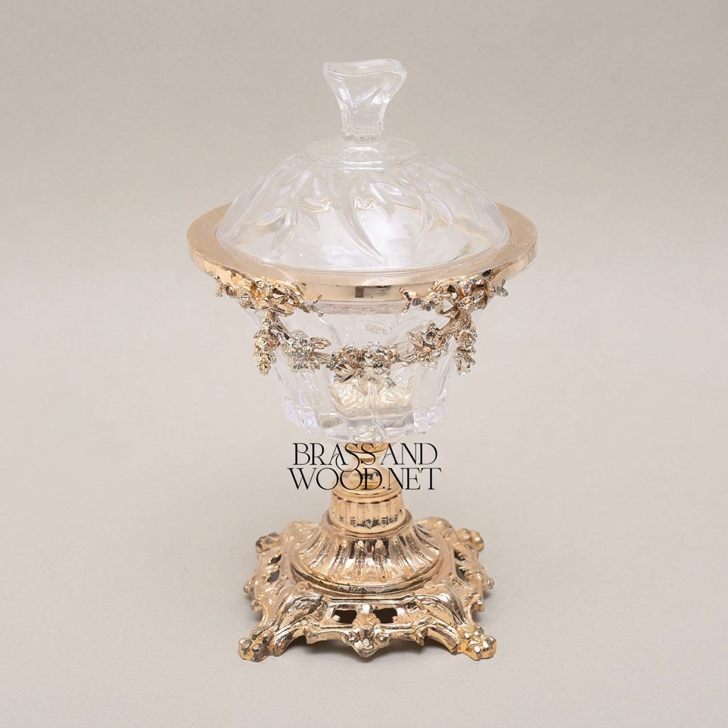Baroque Crystal Bonbonniere with Floral Brass Garland & Ornate Pedestal Base — Gold