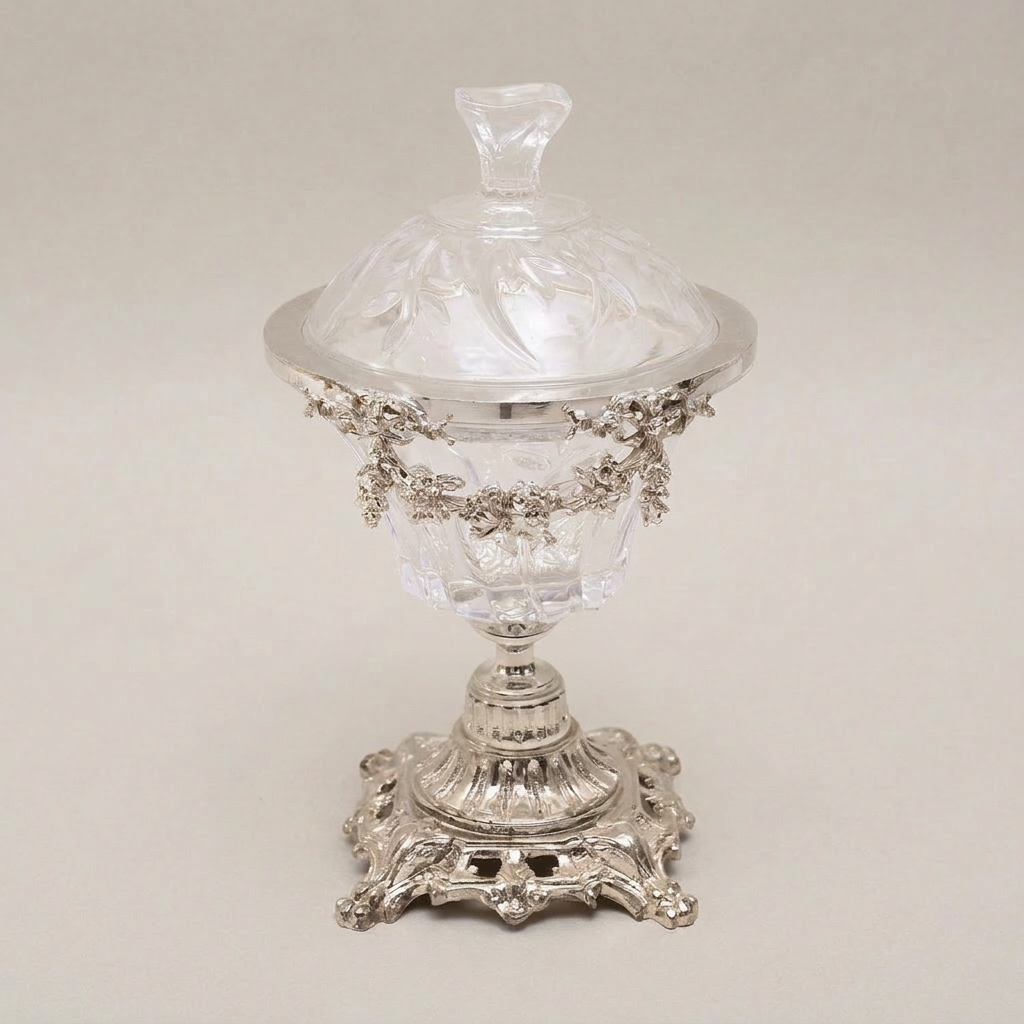 Baroque Crystal Bonbonniere with Floral Brass Garland & Ornate Pedestal Base — Silver