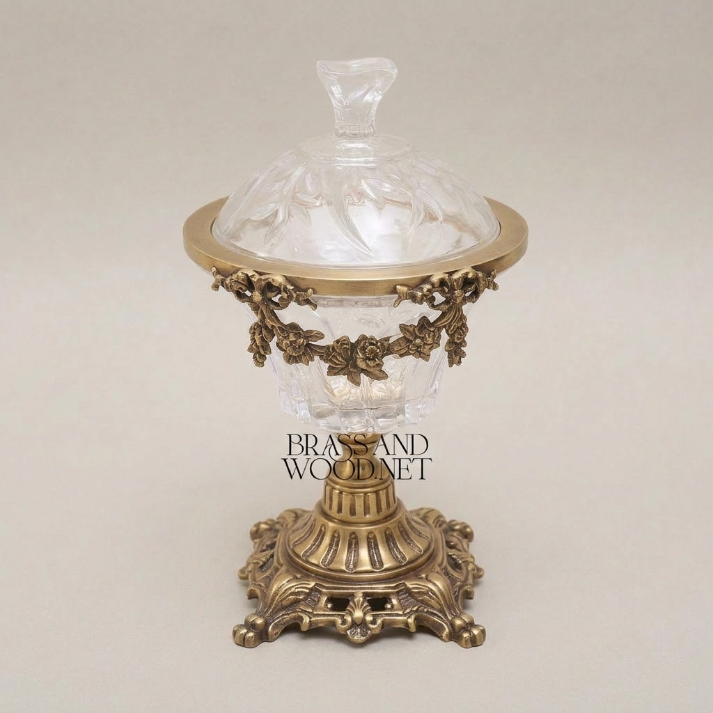 Baroque Crystal Bonbonniere with Floral Brass Garland & Ornate Pedestal Base — Antique Gold