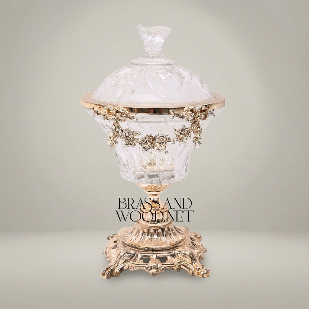 Baroque Crystal Bonbonniere with Floral Brass Garland & Ornate Pedestal Base