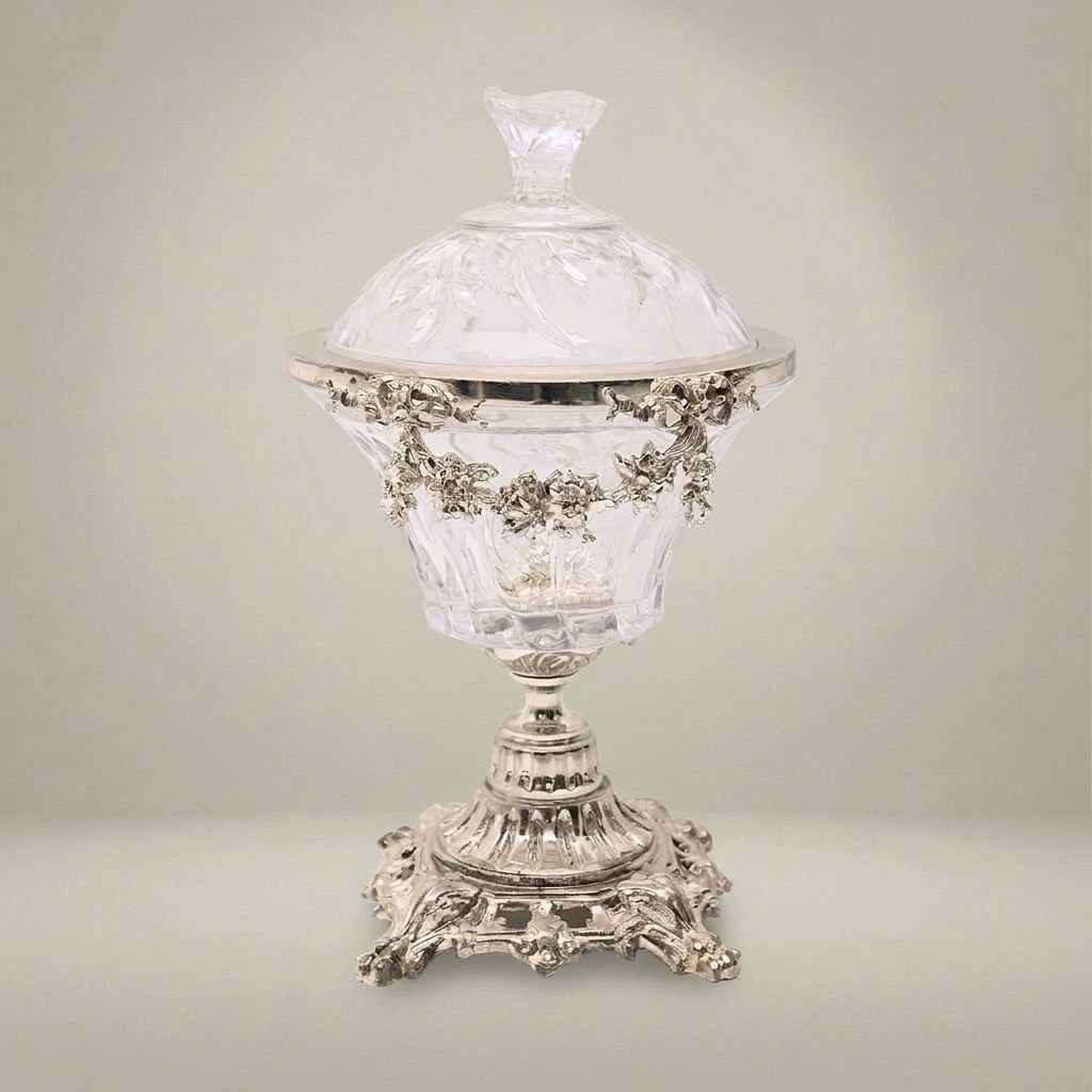 Baroque Crystal Bonbonniere with Floral Brass Garland & Ornate Pedestal Base — Silver