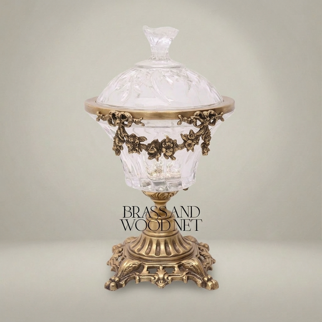 Baroque Crystal Bonbonniere with Floral Brass Garland & Ornate Pedestal Base — Antique Gold