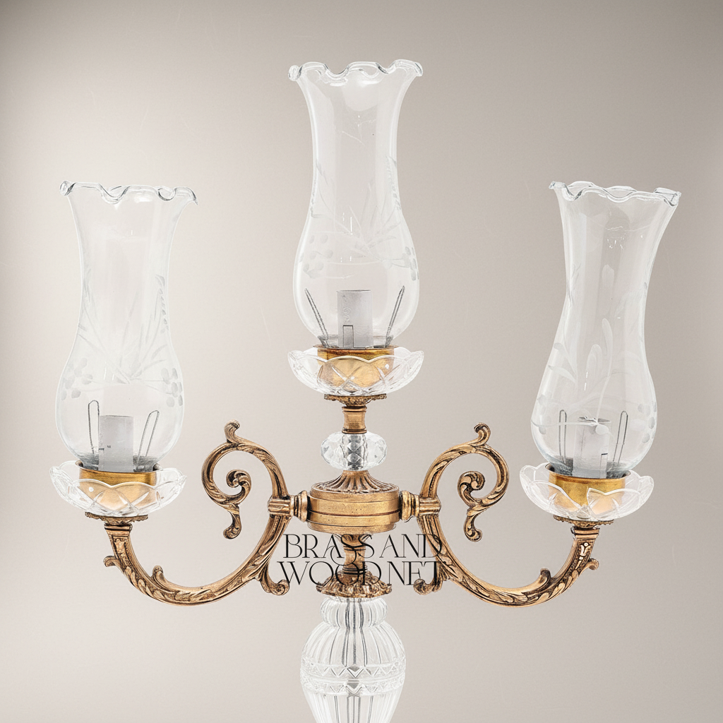Baroque Crystal & Brass 3-Arm Candelabra Table Lamp with Etched Glass Shades