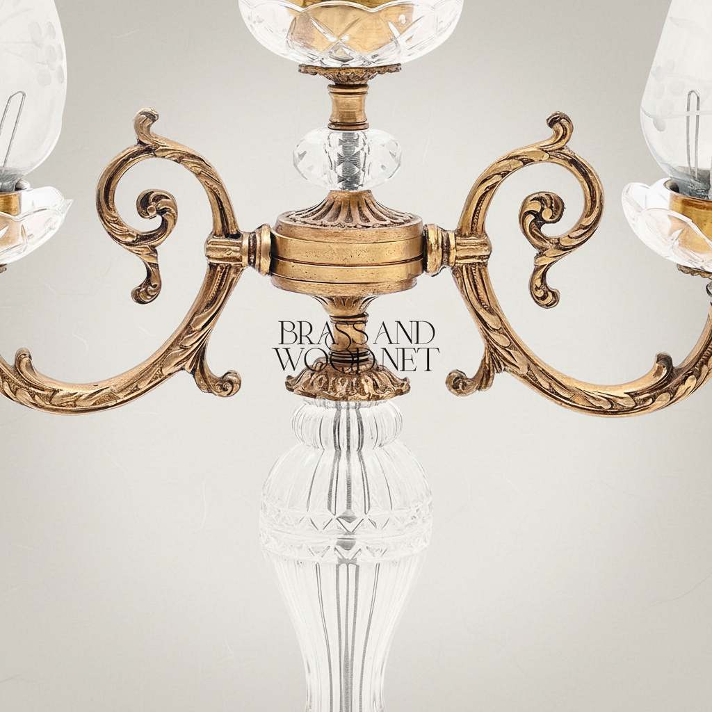 Baroque Crystal & Brass 3-Arm Candelabra Table Lamp with Etched Glass Shades