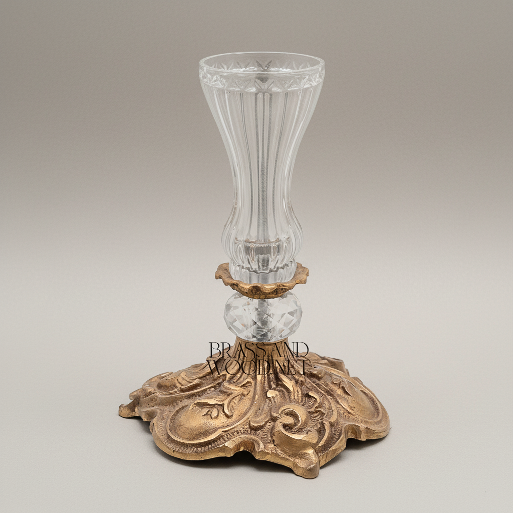 Baroque Crystal & Brass 3-Arm Candelabra Table Lamp with Etched Glass Shades