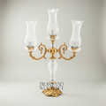 Baroque Crystal & Brass 3-Arm Candelabra Table Lamp with Etched Glass Shades — Gold