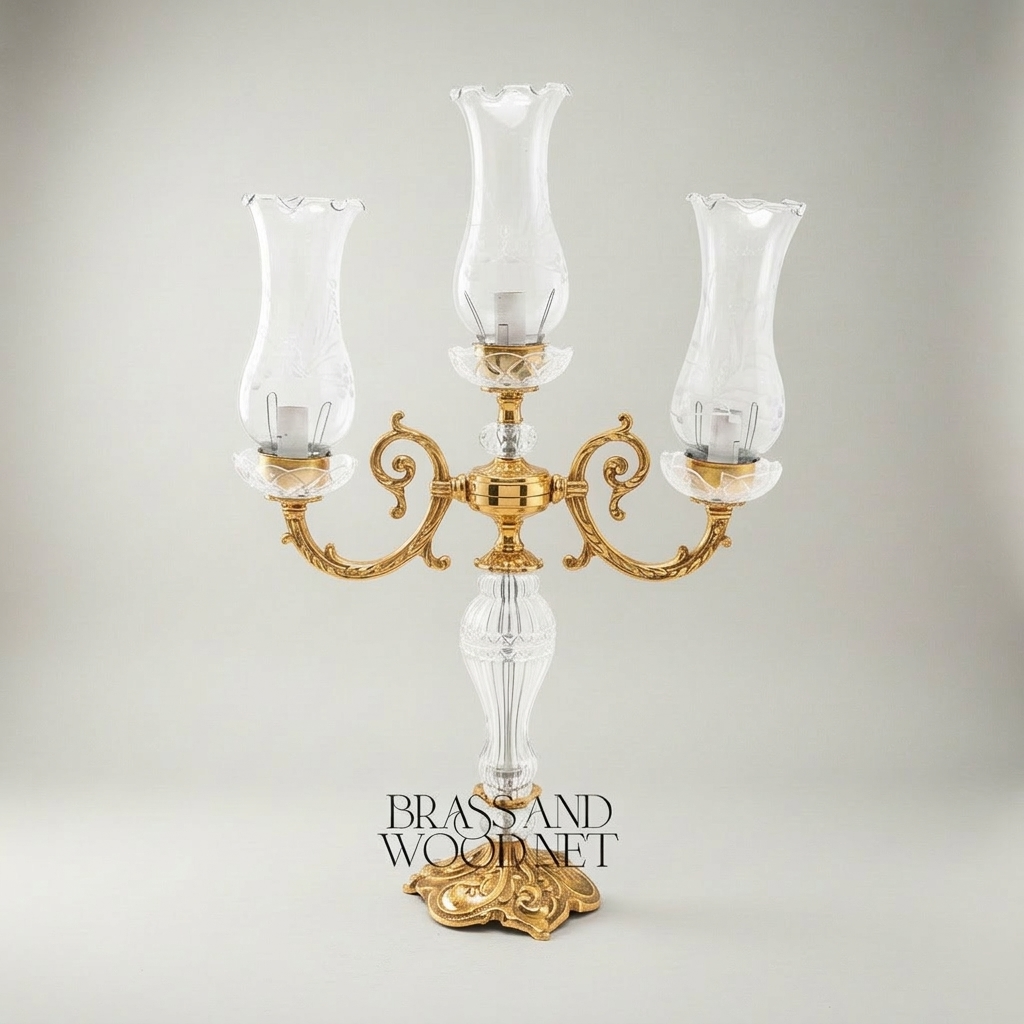 Baroque Crystal & Brass 3-Arm Candelabra Table Lamp with Etched Glass Shades — Gold