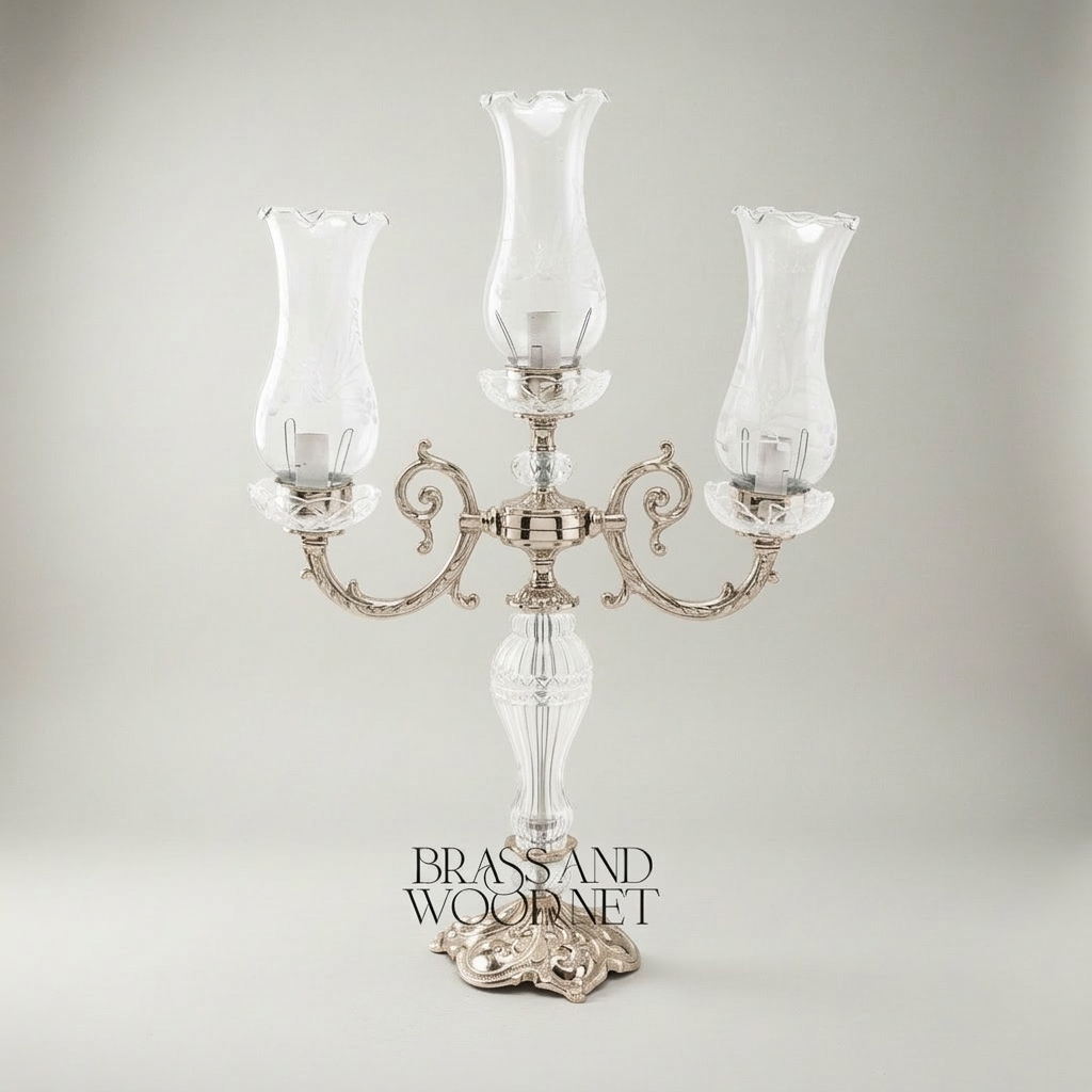 Baroque Crystal & Brass 3-Arm Candelabra Table Lamp with Etched Glass Shades — Silver
