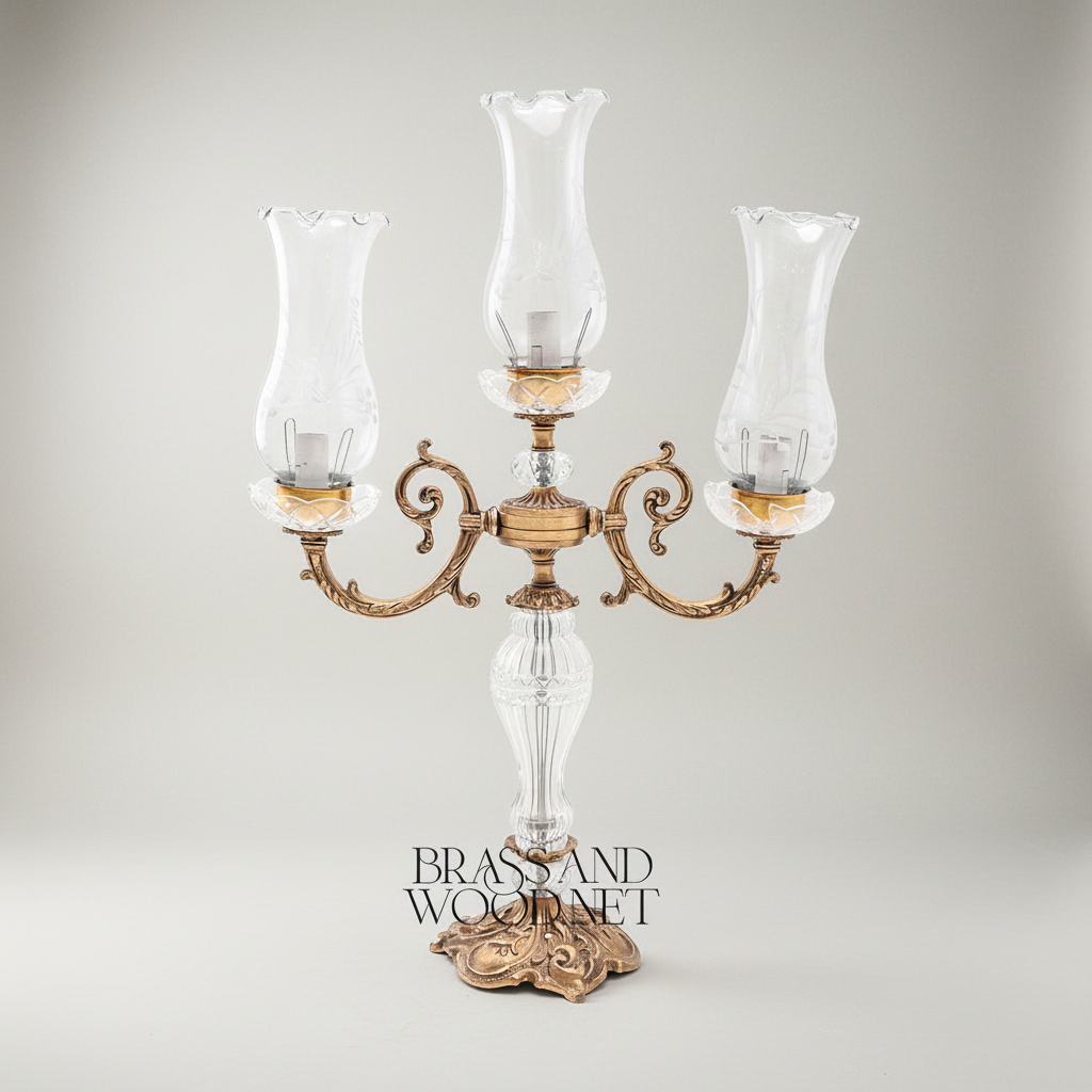 Baroque Crystal & Brass 3-Arm Candelabra Table Lamp with Etched Glass Shades — Antique Gold