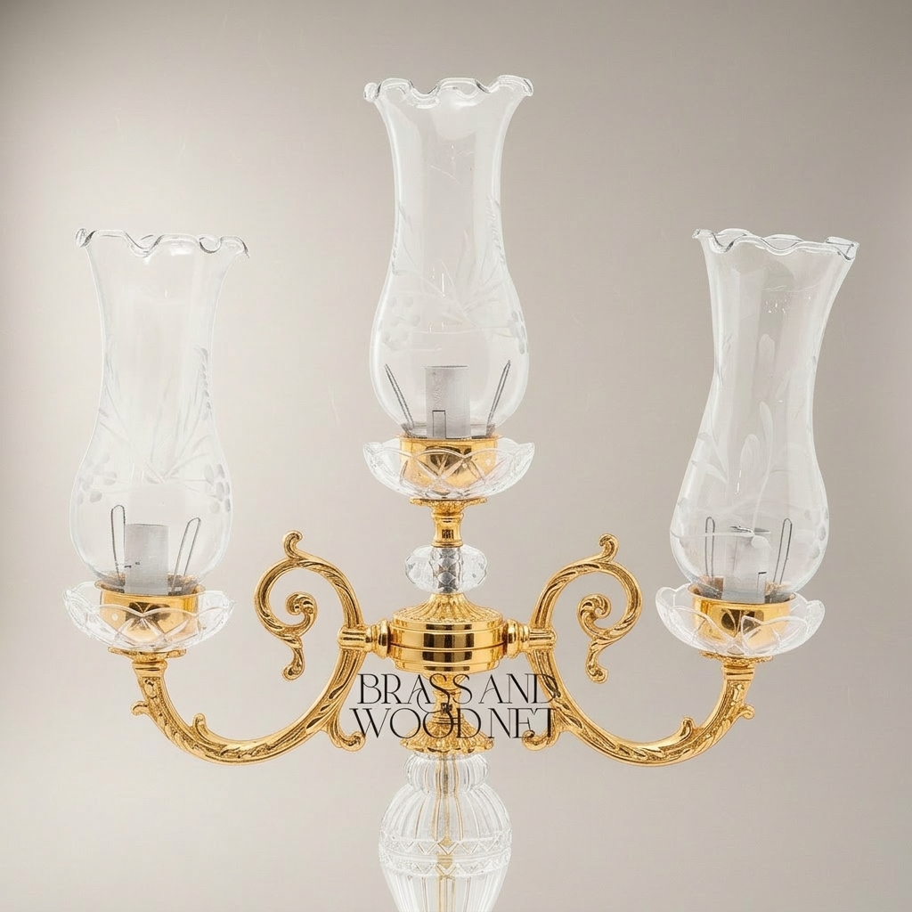 Baroque Crystal & Brass 3-Arm Candelabra Table Lamp with Etched Glass Shades — Gold