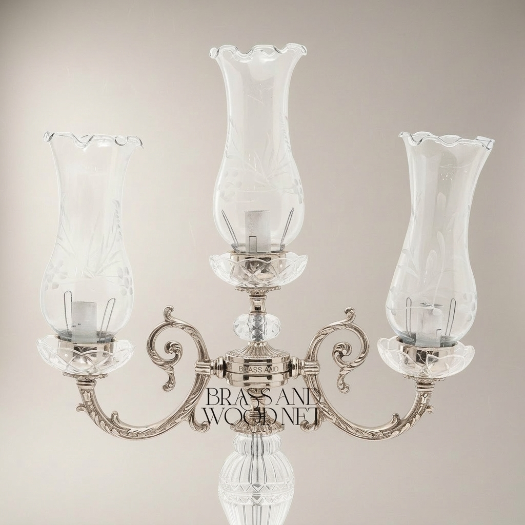 Baroque Crystal & Brass 3-Arm Candelabra Table Lamp with Etched Glass Shades — Silver
