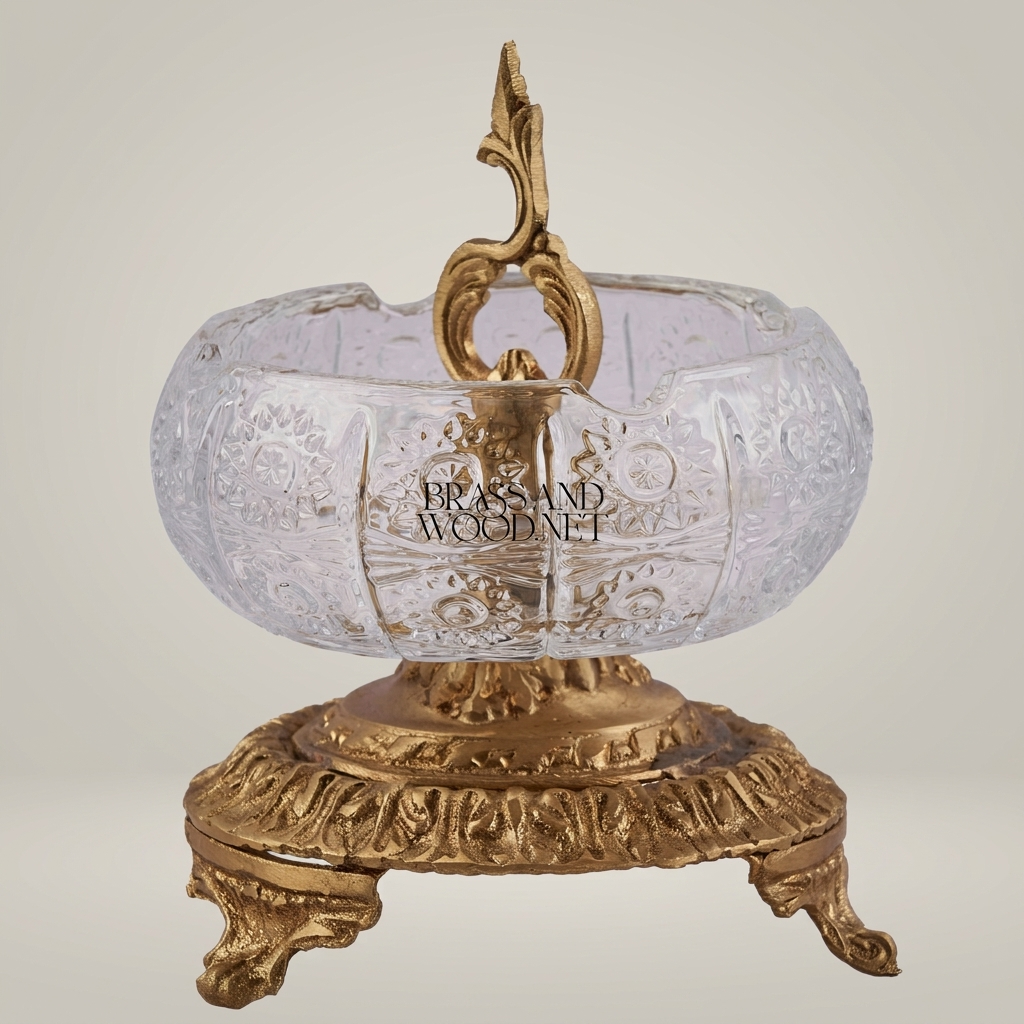 Baroque Crystal & Brass Ashtray with Acanthus Pedestal Base — Antique Gold