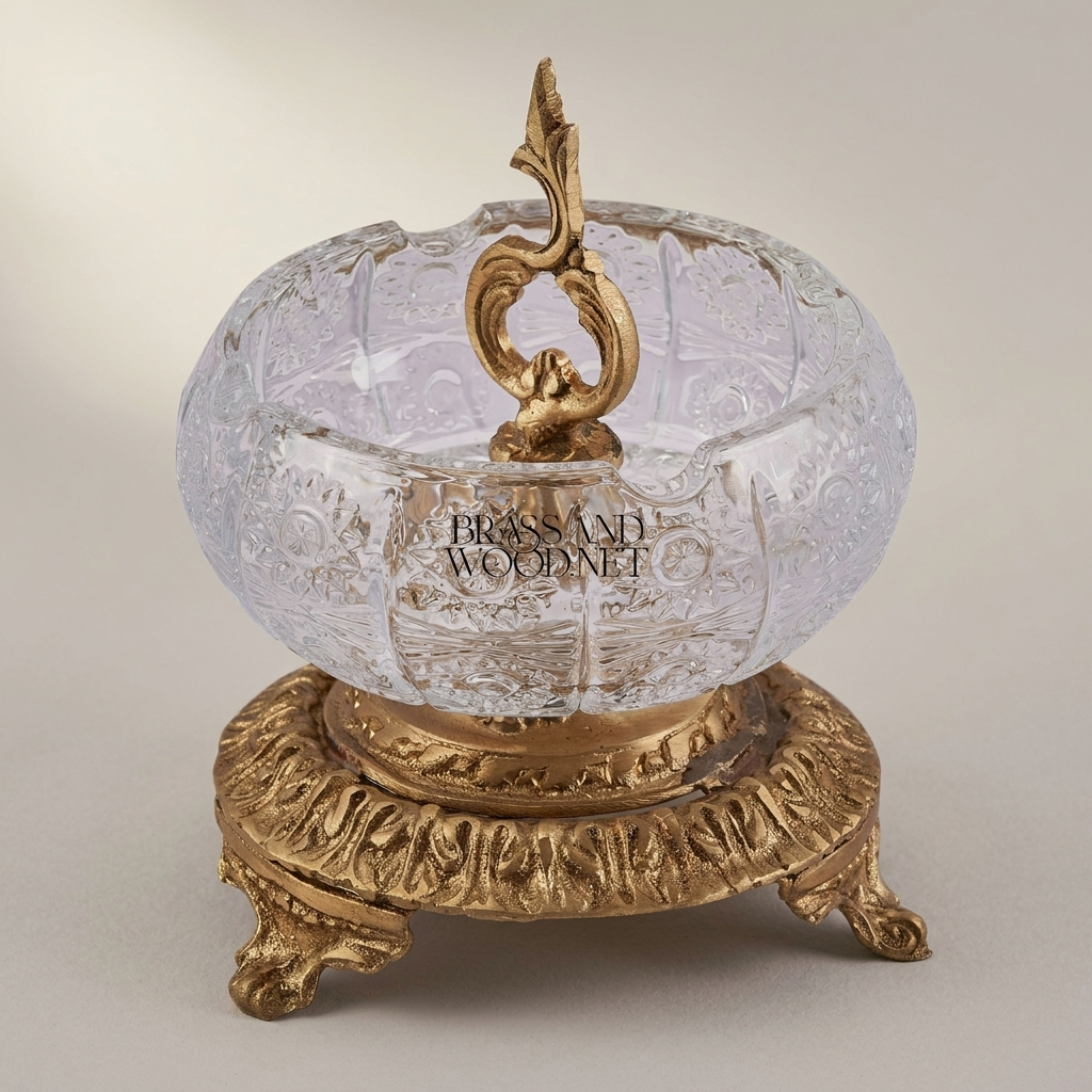 Baroque Crystal & Brass Ashtray with Acanthus Pedestal Base — Antique Gold