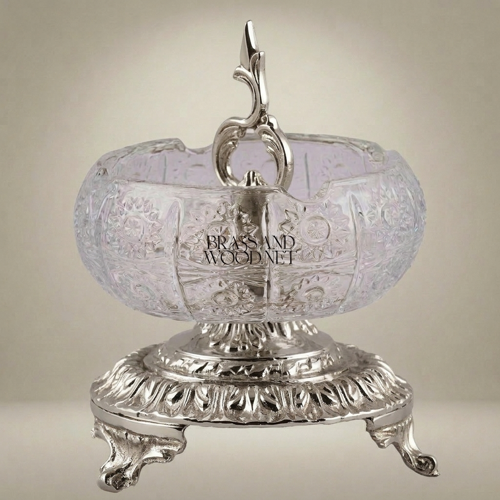 Baroque Crystal & Brass Ashtray with Acanthus Pedestal Base — Silver