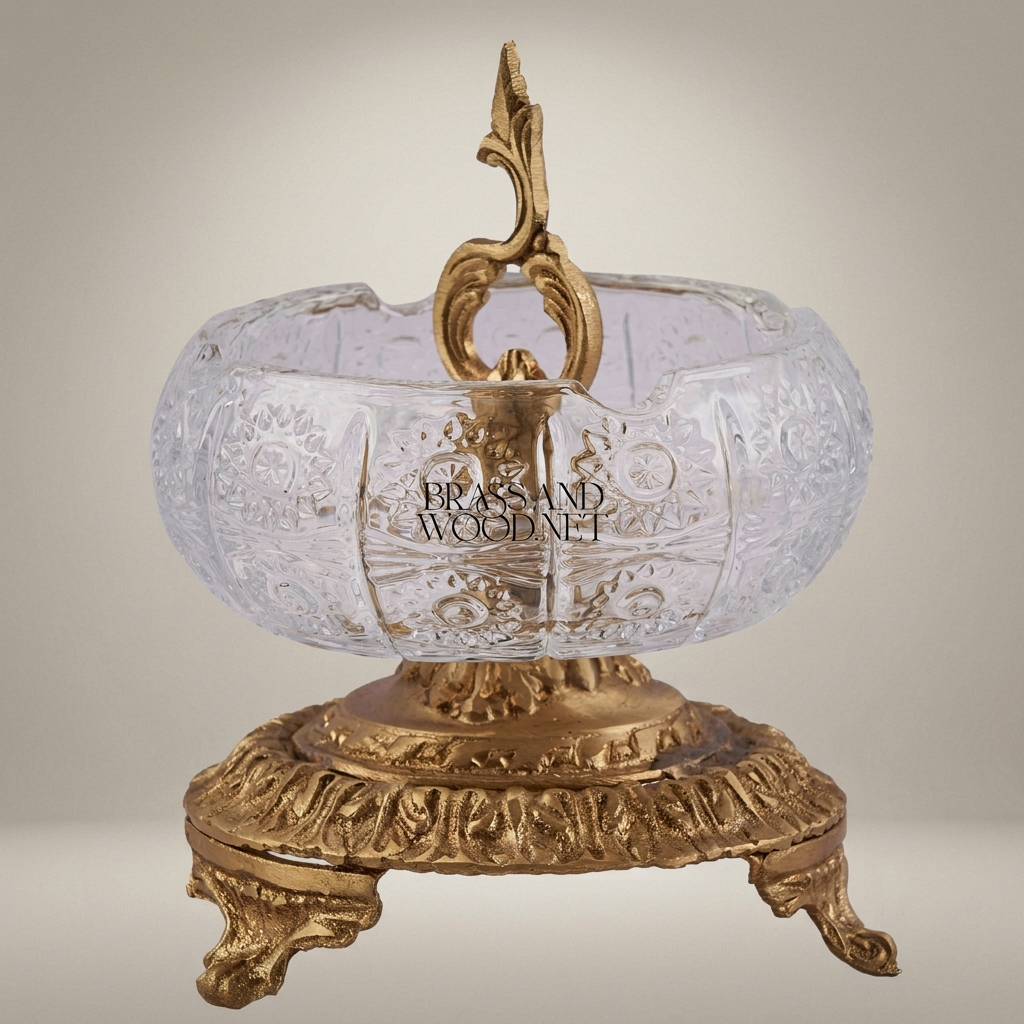 Baroque Crystal & Brass Ashtray with Acanthus Pedestal Base — Antique Gold