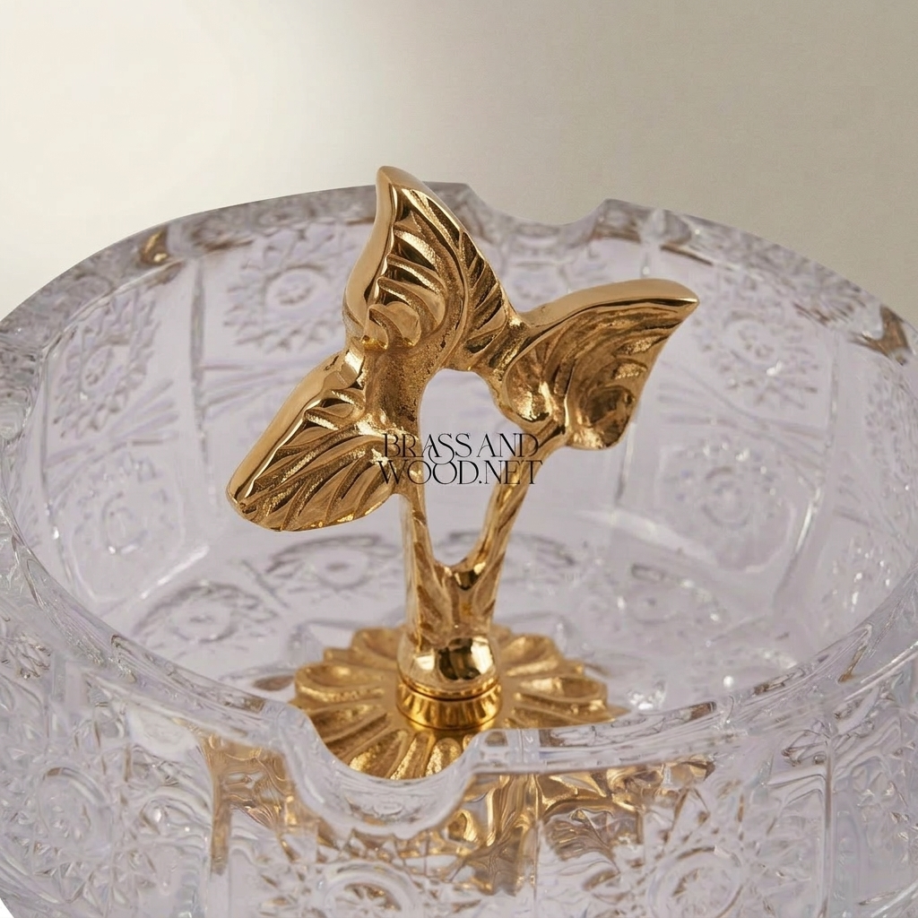 Baroque Crystal & Brass Ashtray with Acanthus Pedestal Base — Gold