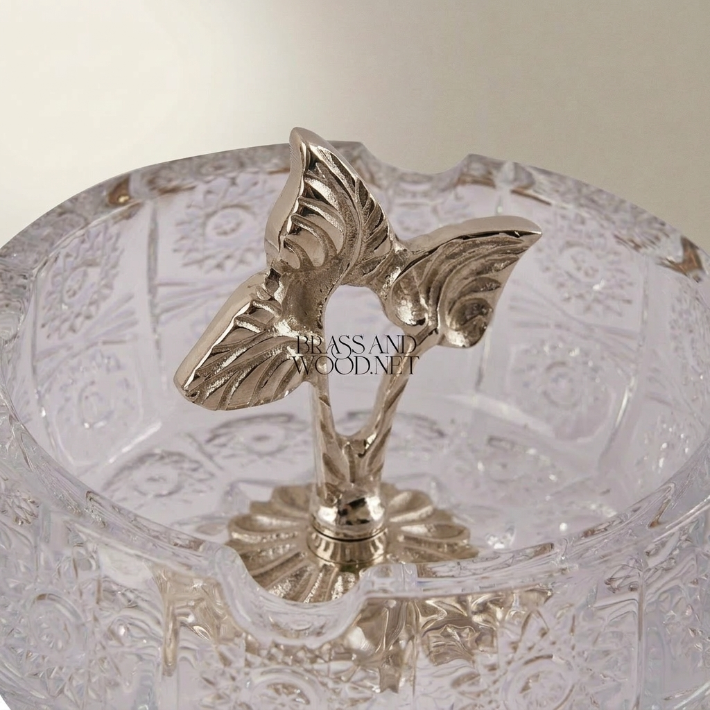 Baroque Crystal & Brass Ashtray with Acanthus Pedestal Base — Silver