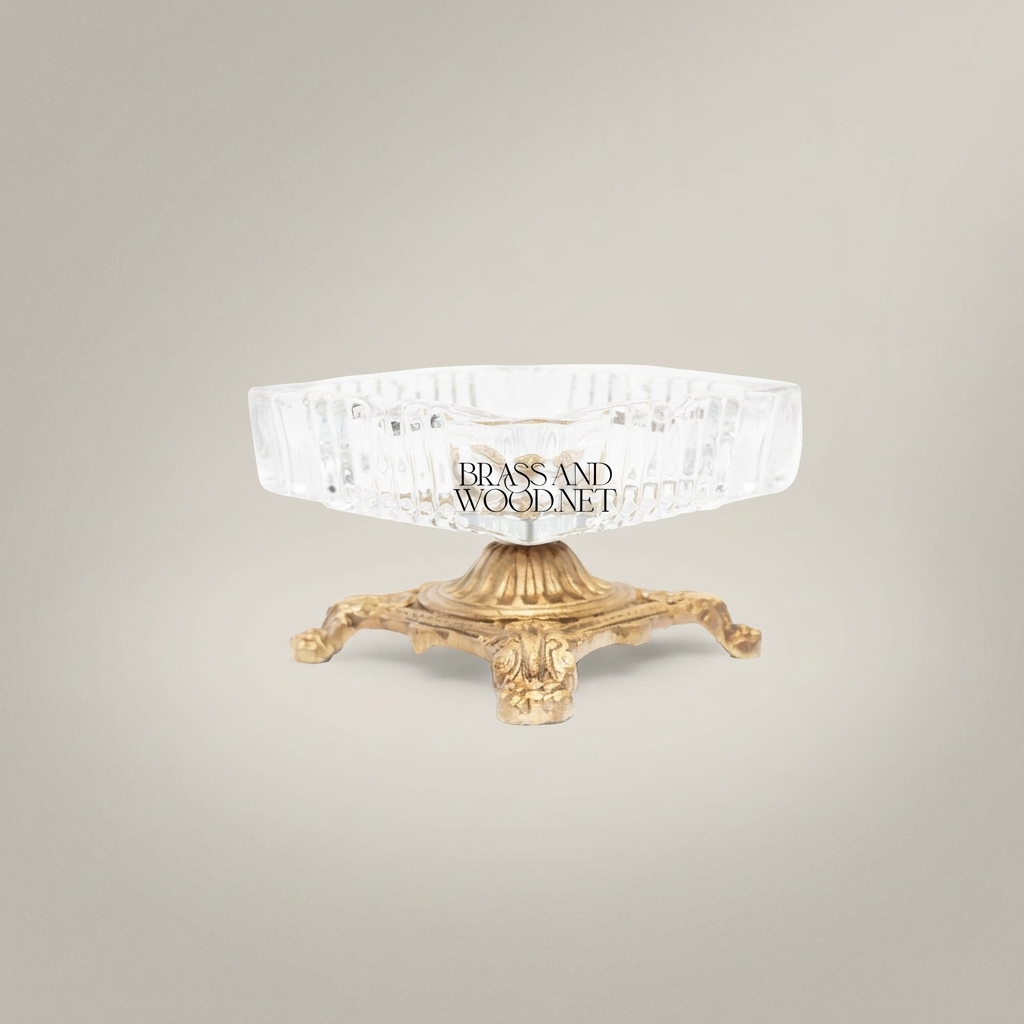 Baroque Crystal & Brass Ashtray on Ornate Footed Base — Antique Gold