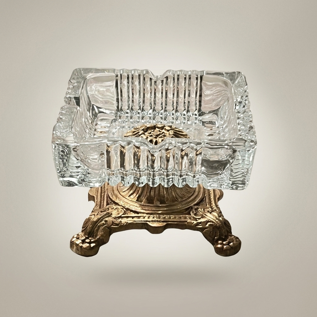 Baroque Crystal & Brass Ashtray on Ornate Footed Base — Antique Gold