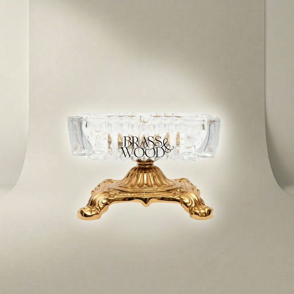 Baroque Crystal & Brass Ashtray on Ornate Footed Base — Gold