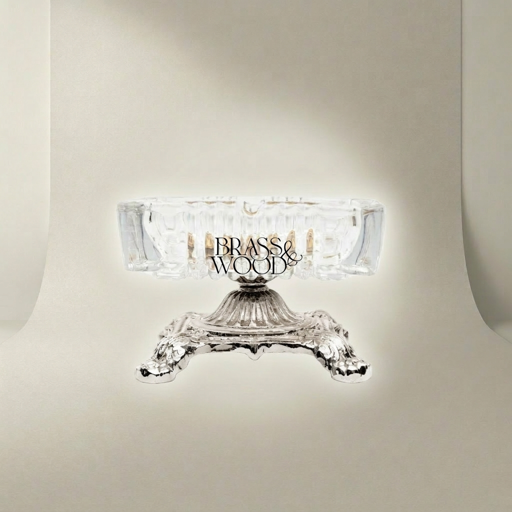 Baroque Crystal & Brass Ashtray on Ornate Footed Base — Silver