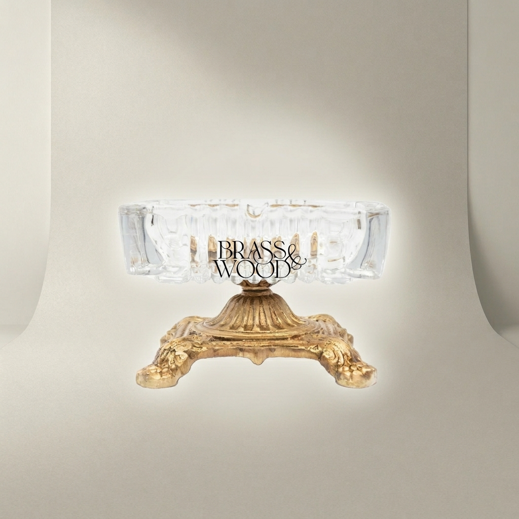 Baroque Crystal & Brass Ashtray on Ornate Footed Base — Antique Gold
