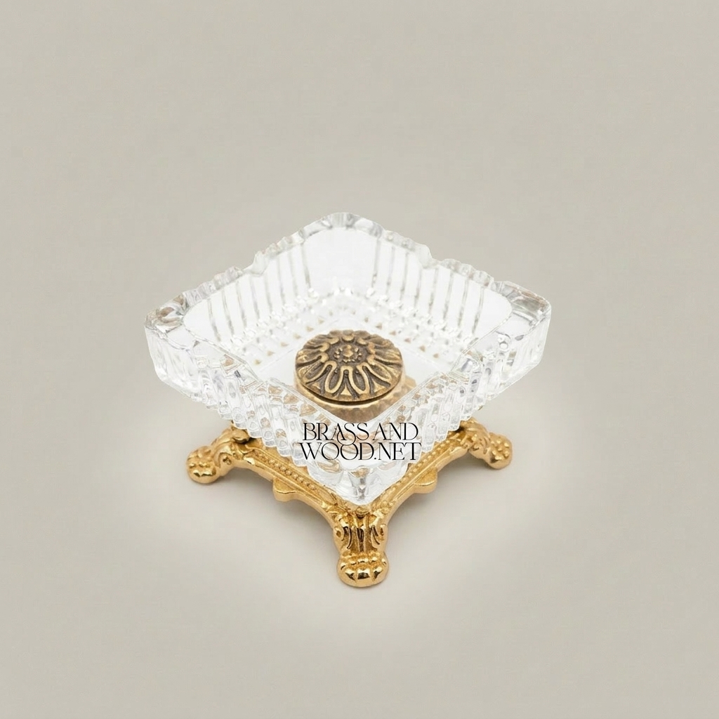 Baroque Crystal & Brass Ashtray on Ornate Footed Base