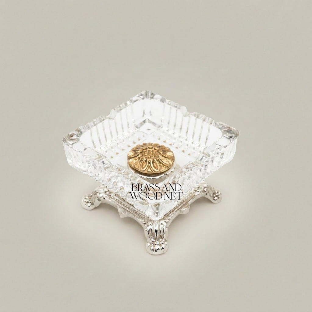 Baroque Crystal & Brass Ashtray on Ornate Footed Base — Silver
